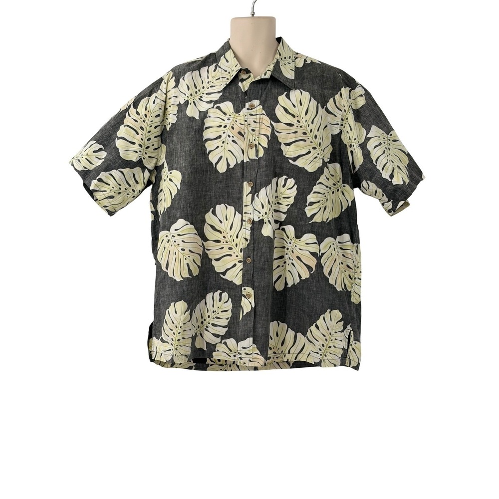 Cooke Street Honolulu Men Black Green Monstera Leaf Print Cotton Aloha Shirt 2XL
